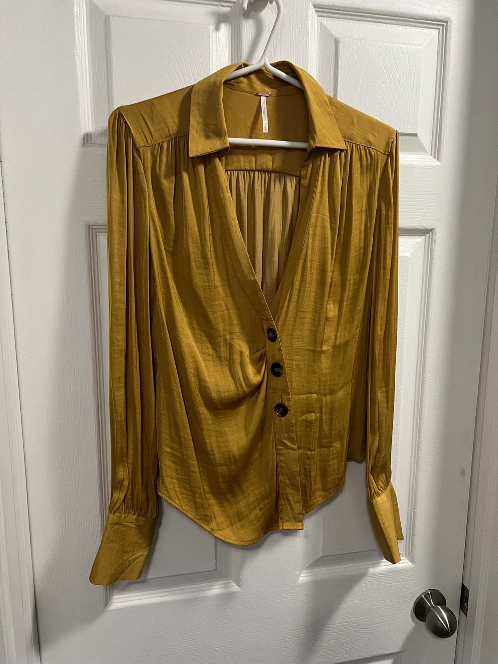 Free People Mustard Button-Front Draped Blouse